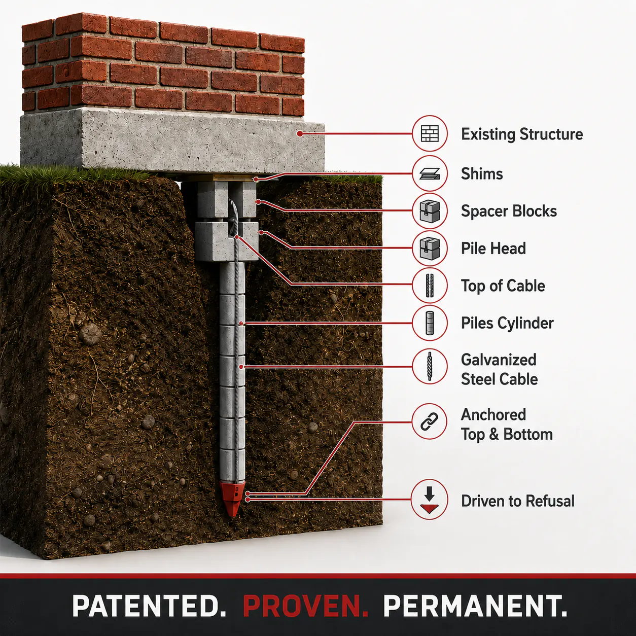 Diagram of a Cable Lock foundation support showing the piling, pile head, spacers and shims